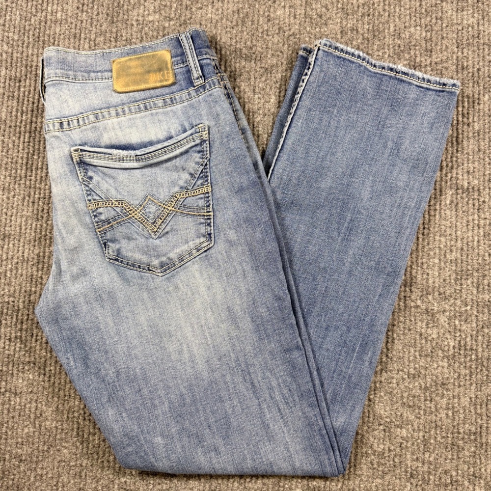 BKE Jake Straight Leg Light Wash Denim Jeans Mens 34 Waist Whiskered Blue